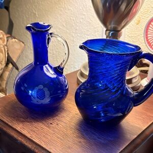 Blue Glass Pitcher and Vase Set